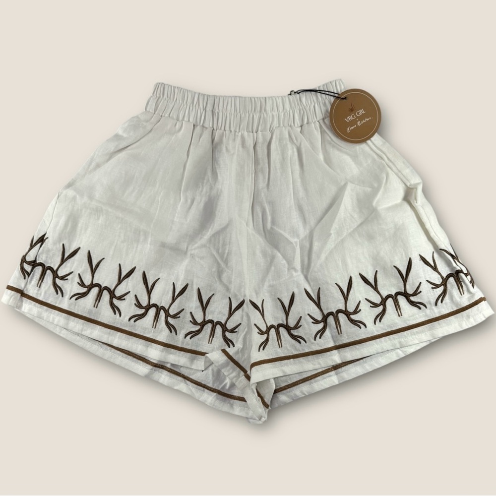 VRG‎ Grl Women's High Waist White Shorts with Brown Embroidery